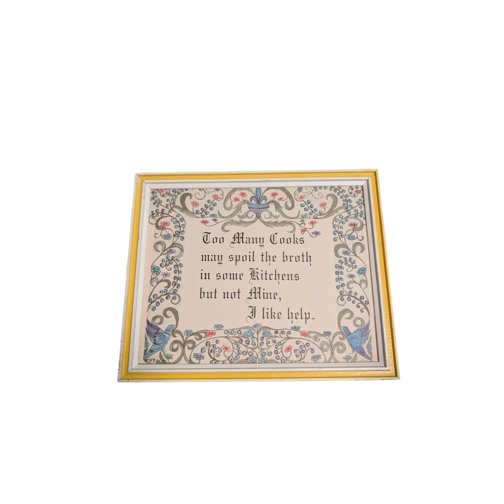 Vintage Too Many Cooks Kitchen Motto Print‎ Framed Bluebirds Floral Wall Decor